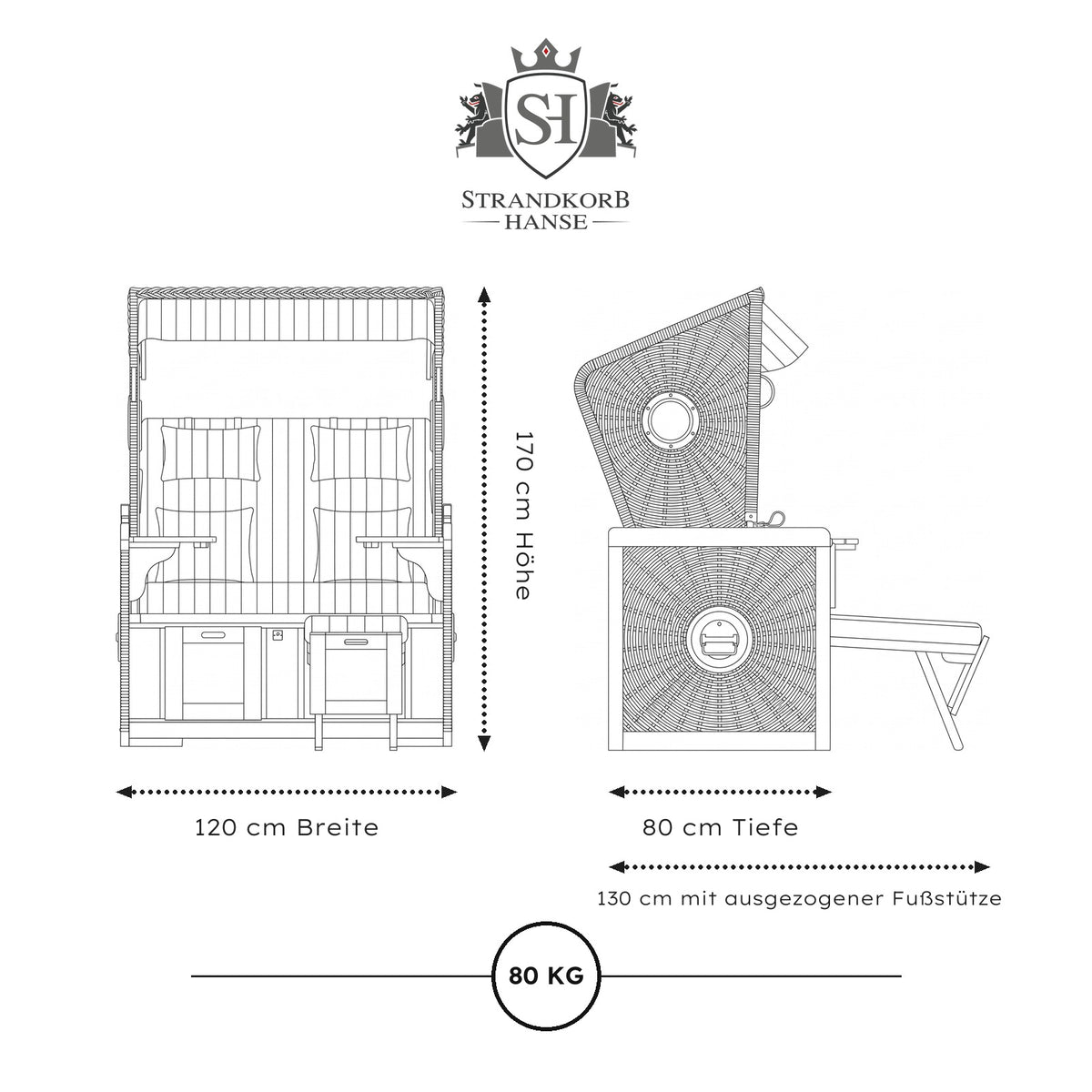 Strandkorb Nordsee Komfort – Maße 120 × 80 × 170 cm, 130 cm mit Fußstütze, 80 kg
