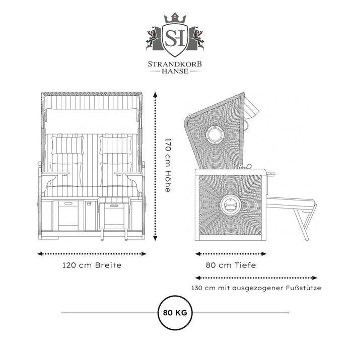 Strandkorb Nordsee Komfort – Maße 120 × 80 × 170 cm, 130 cm mit Fußstütze, 80 kg