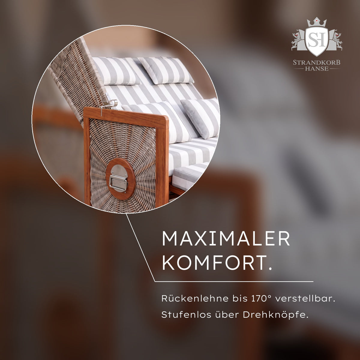 Strandkorb Nordsee Komfort – Maximaler Komfort – Rückenlehne bis 170° verstellbar