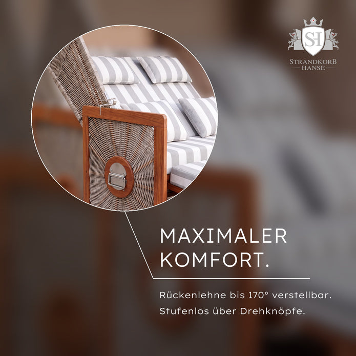 Strandkorb Nordsee Komfort – Maximaler Komfort – Rückenlehne bis 170° verstellbar