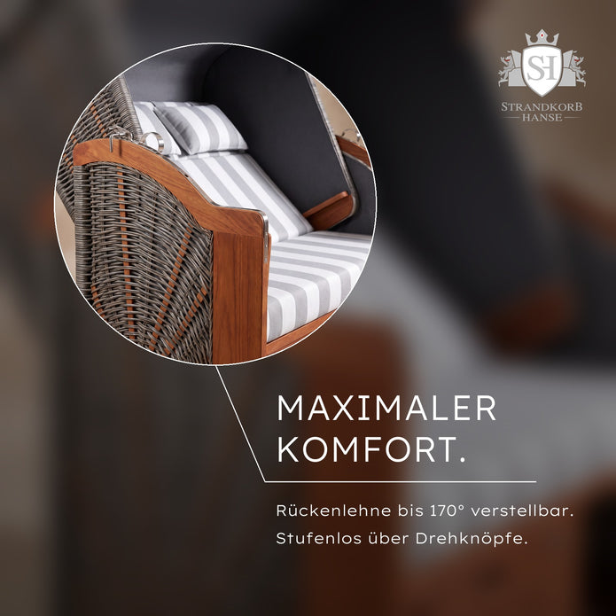 Strandkorb Ostsee Komfort – Maximaler Komfort – Rückenlehne bis 170° verstellbar