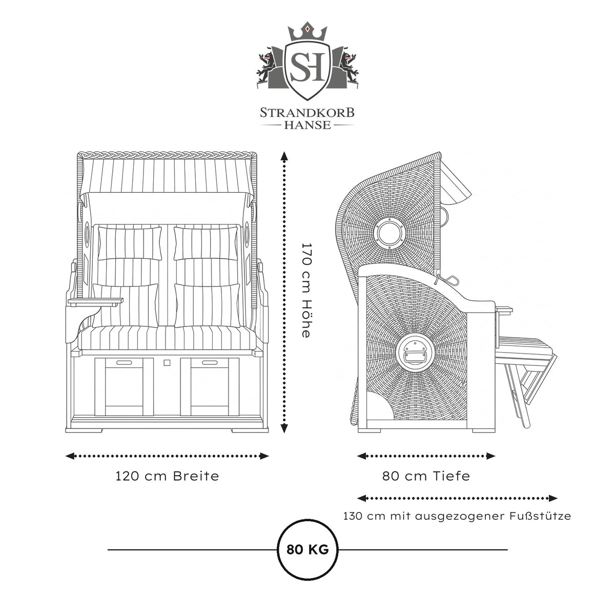 Strandkorb Ostsee Komfort – Maße 120 × 80 × 170 cm, 130 cm mit Fußstütze, 80 kg