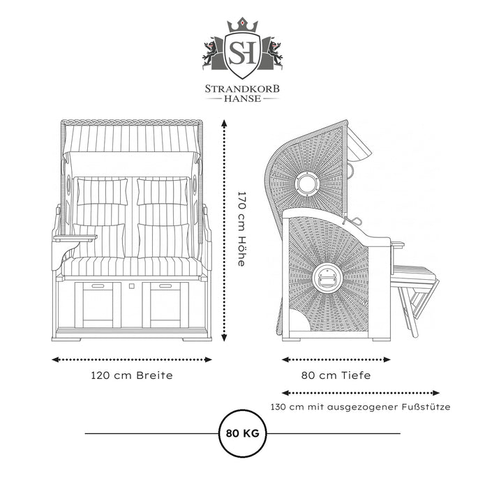 Strandkorb Ostsee Komfort – Maße 120 × 80 × 170 cm, 130 cm mit Fußstütze, 80 kg