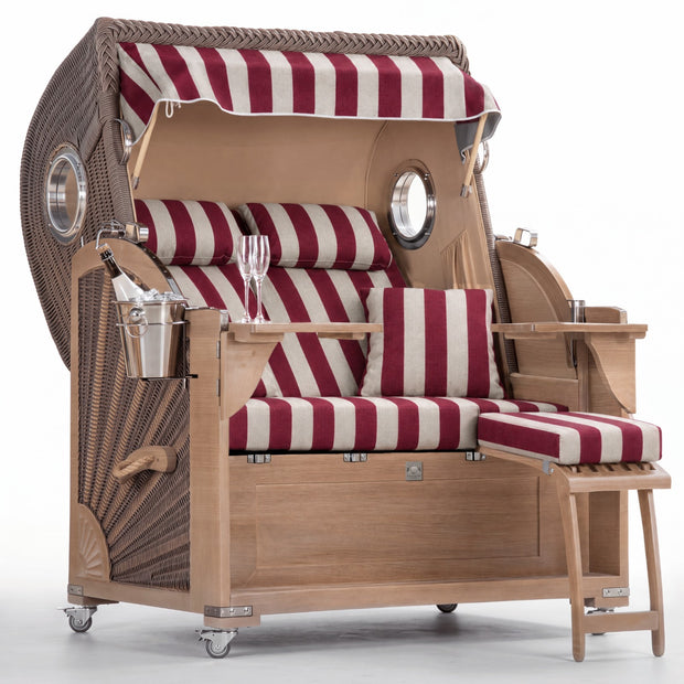 Strandkorb Koloss Teak – Rot Beige Blockstreifen