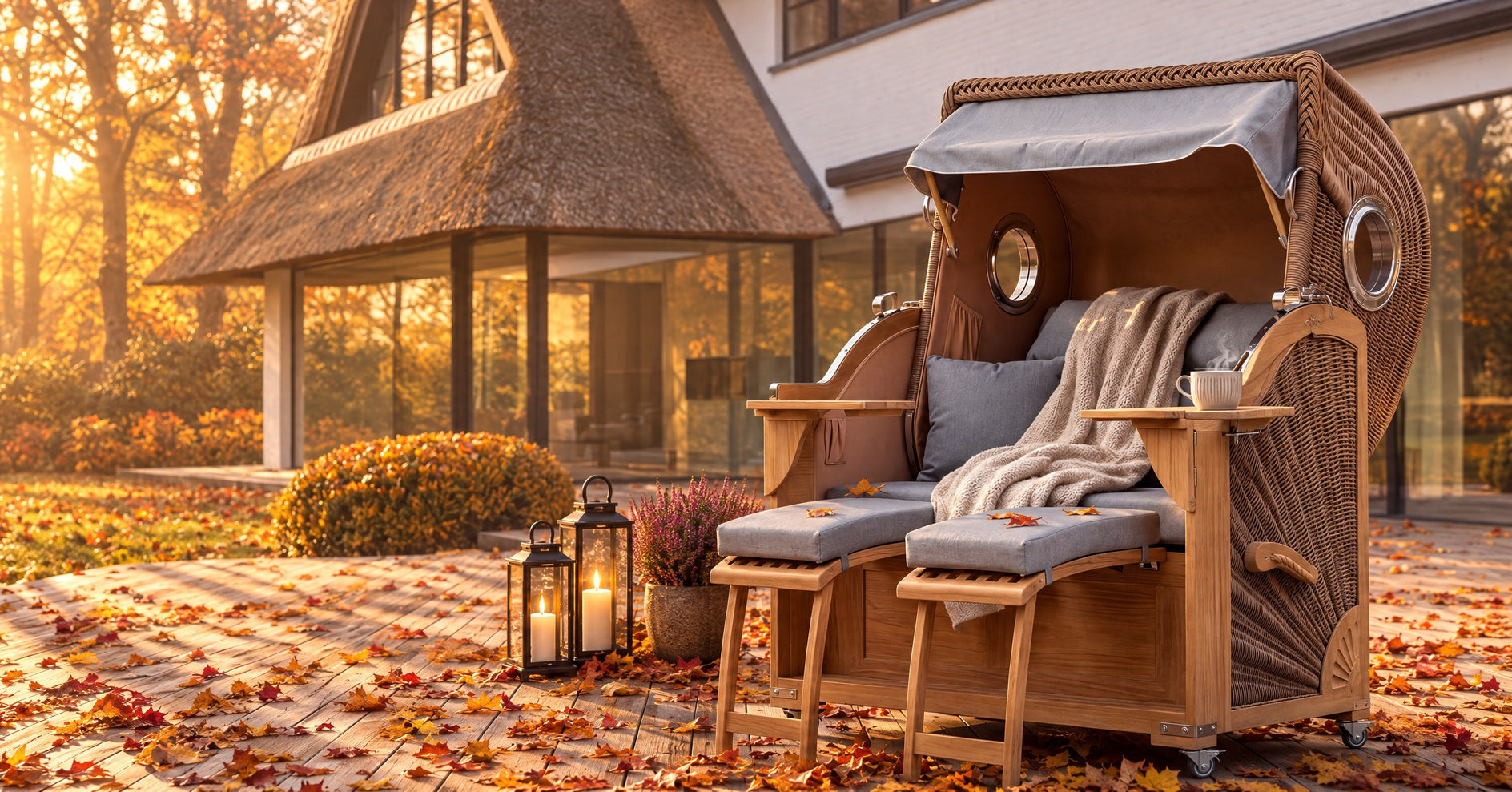 Strandkorb Koloss Teak auf der Terrasse im goldenen Herbstlicht
