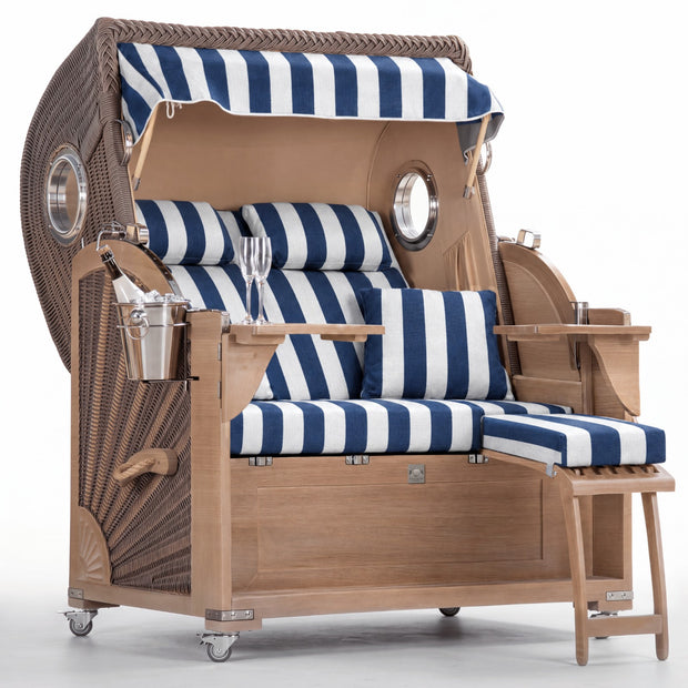 Strandkorb Koloss Teak – Blau Weiß Blockstreifen