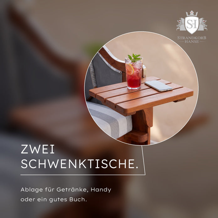 Strandkorb Nordsee Komfort – Zwei Schwenktische aus Holz