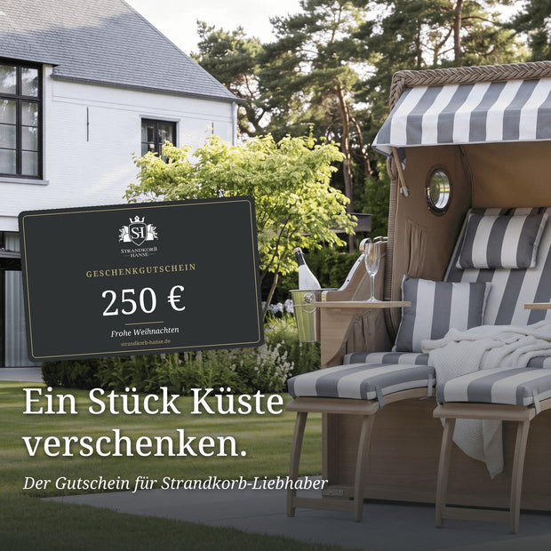 Geschenkgutschein von Strandkorb Hanse vor einem Strandkorb
