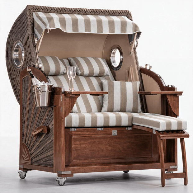 Strandkorb Koloss Mahagoni – Beige Braun Blockstreifen