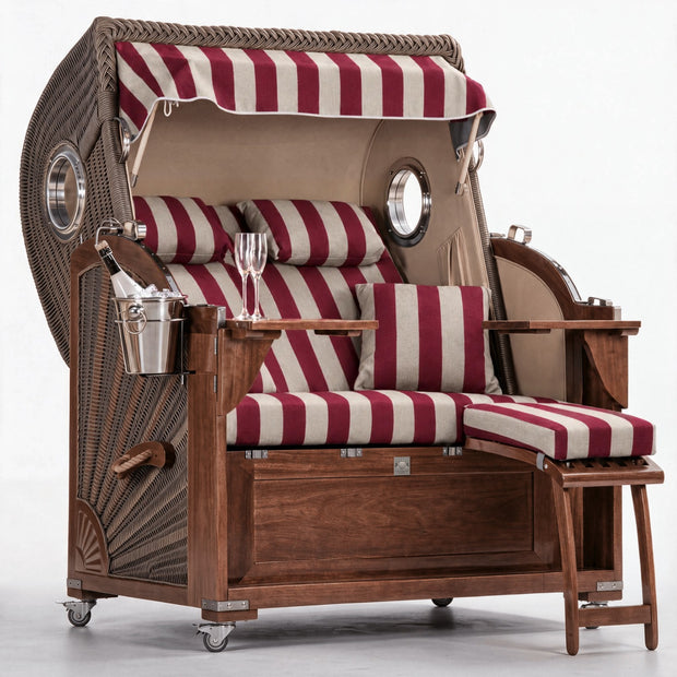 Strandkorb Koloss Mahagoni – Rot Beige Blockstreifen