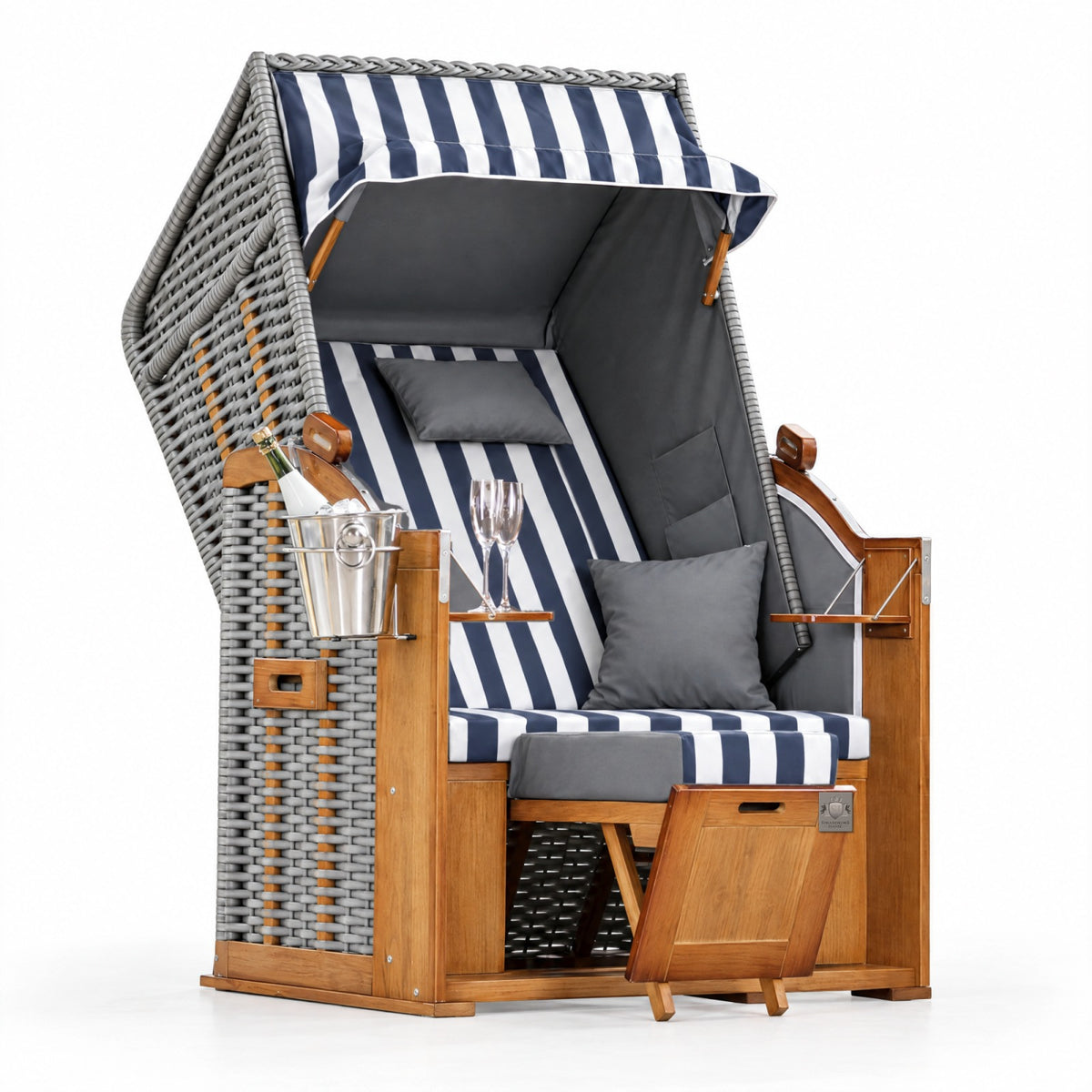 Strandkorb Ostsee Klassik 1-Sitzer mit Bezug Blau-Weiß Blockstreifen